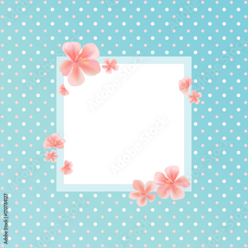Flying Pink Sakura flowers isolated on Green dotted background. Apple-tree flowers. Square Frame Cherry blossom. Vector EPS 10, cmyk
