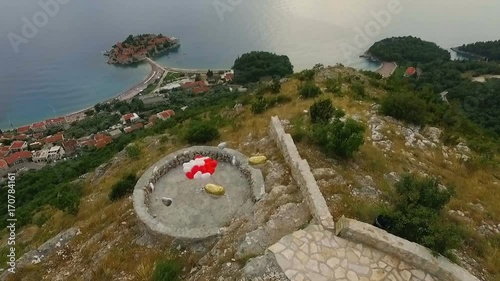 Aerial view wedding arch near St. Stefan in Montenegro