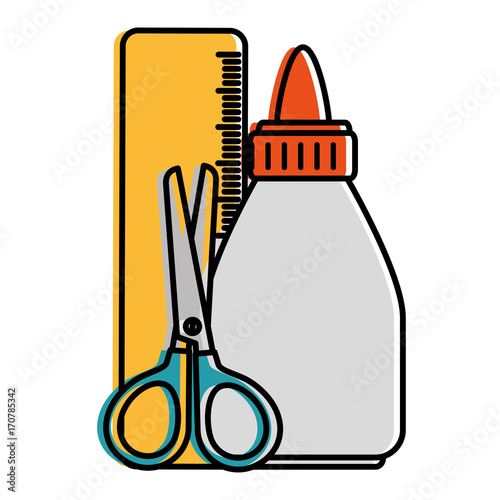 glue bottle with rule and scissors vector illustration design
