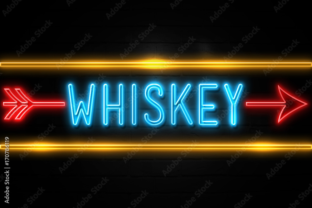 Whiskey  - fluorescent Neon Sign on brickwall Front view