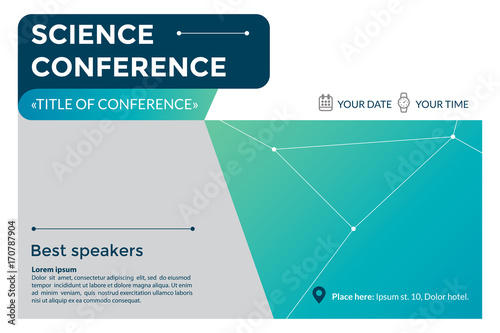 Science conference invitation concept. Advertising of scientific seminar. Colorful simple geometric background. Template for banner, poster, flyer, magazine page. Vector eps 10.