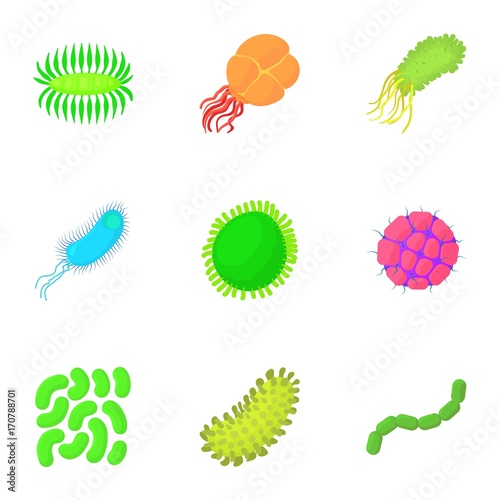 Virus icons set, cartoon style