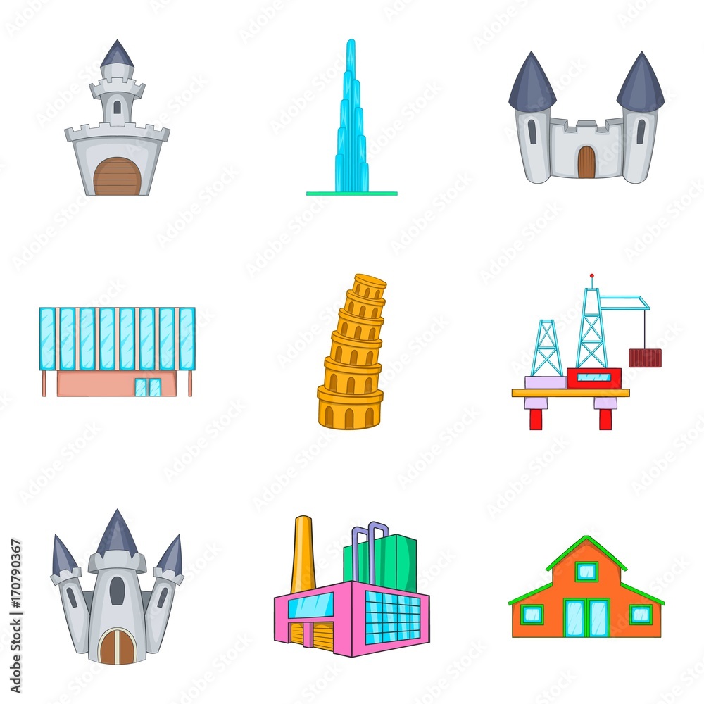 Tower icons set, cartoon style Tower icons set, cartoon style