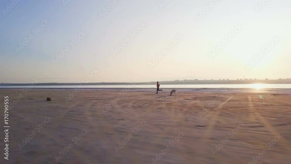 Man running with labrador dog at empty beach seaview sundown drone footage Man running with labrador dog at empty beach seaview sundown drone footage