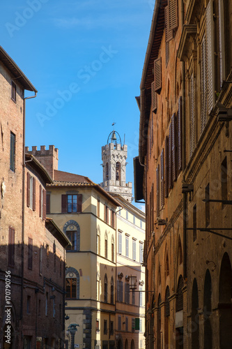 Old buildings and the Torre del Mangia in the medieval city of Siena in Italy © kmiragaya