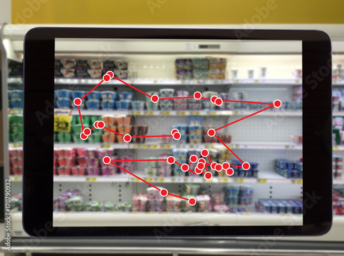 smart retail concept, robot service use for check the data of or Stores that stock goods on shelves with easily-viewed barcode and prices or photo compared against an idealized representation of store photo