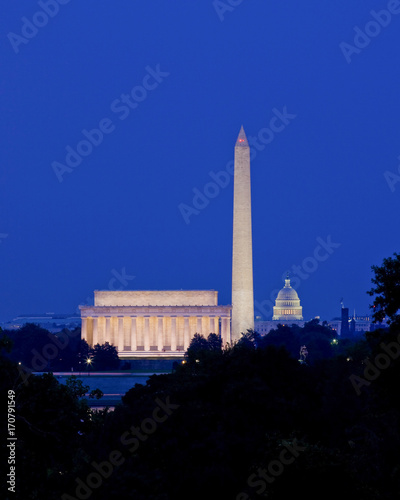Washington, DC skyline at night (Lincoln Memorial, Washington Monument, and the US Capitol building) - Washington, DC USA