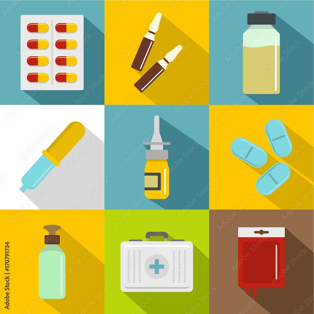 Medicinal preparations icon set, flat style Medicinal preparations icon set, flat style