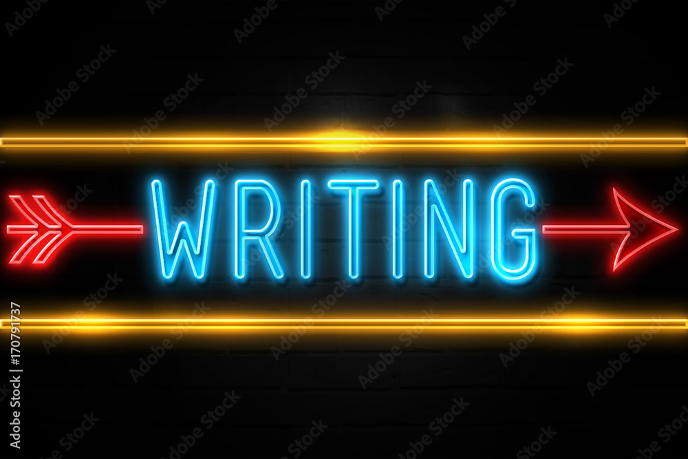 Writing - fluorescent Neon Sign on brickwall Front view Writing - fluorescent Neon Sign on brickwall Front view