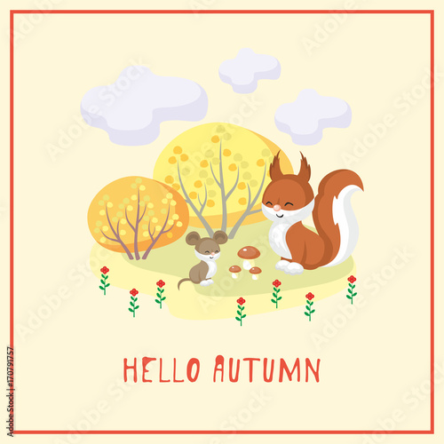 Hello autumn. Greeting card with the image of cute forest animal and trees in cartoon style. Children’s illustration. 