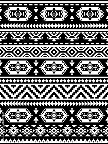 Ethnic pattern design. Seamless pattern. Navajo geometric print. Rustic decorative ornament. Abstract geometric pattern. Native American pattern. Black and white colors