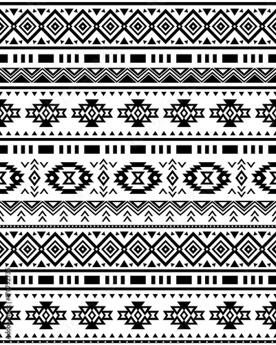 Ethnic pattern design. Seamless pattern. Navajo geometric print. Rustic decorative ornament. Abstract geometric pattern. Native American pattern. Black and white colors