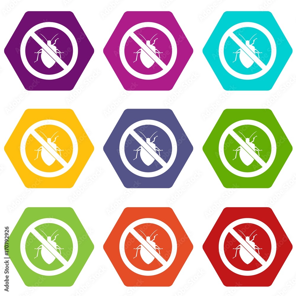 No bug sign icon set color hexahedron