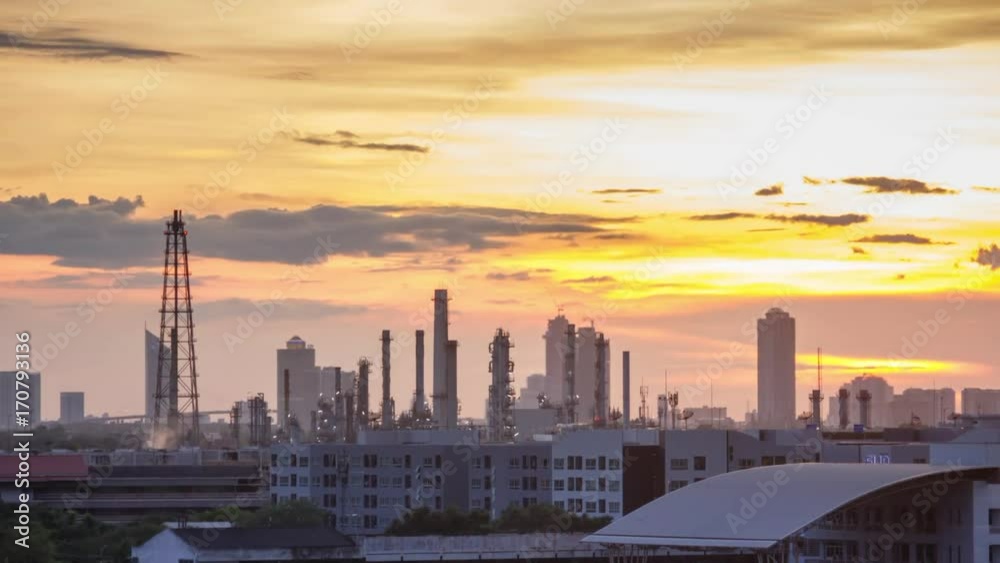 city downtown with refinery industrial at day to night time lapse,Bangkok Thailand