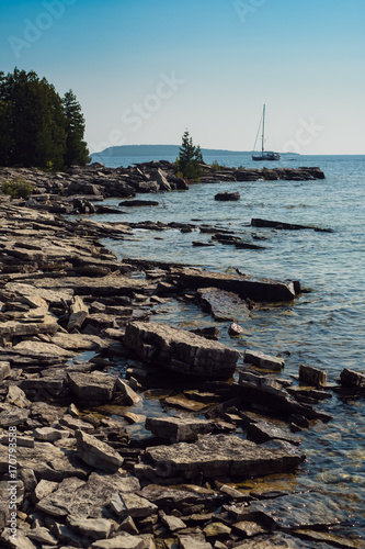 Rocky beach with boat