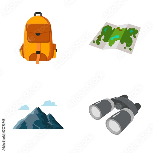 Backpack, mountains, map of the area, binoculars. Camping set collection icons in cartoon style vector symbol stock illustration web.