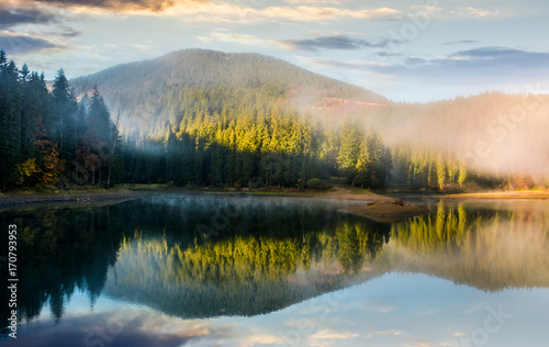 gorgeous foggy sunrise on the lake in forest. lovely autumnal landscape in mountains © Pellinni
