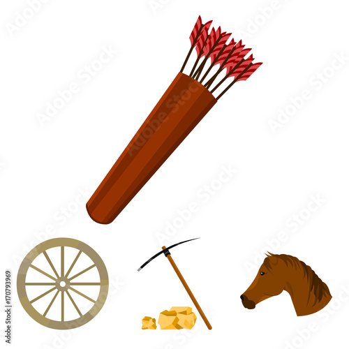 Pickax hoe, horse head, wheel cart, quiver with arrows.Wild west set collection icons in cartoon style vector symbol stock illustration web.