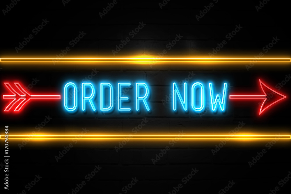 Order Now  - fluorescent Neon Sign on brickwall Front view