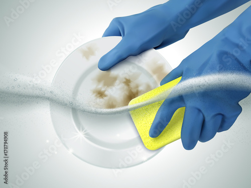 Dishwashing hands in rubber gloves
