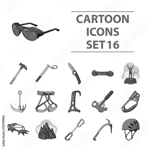 Ice ax, conquered top, mountains in the clouds and other equipment for mountaineering.Mountaineering set collection icons in monochrome style vector symbol stock illustration web.