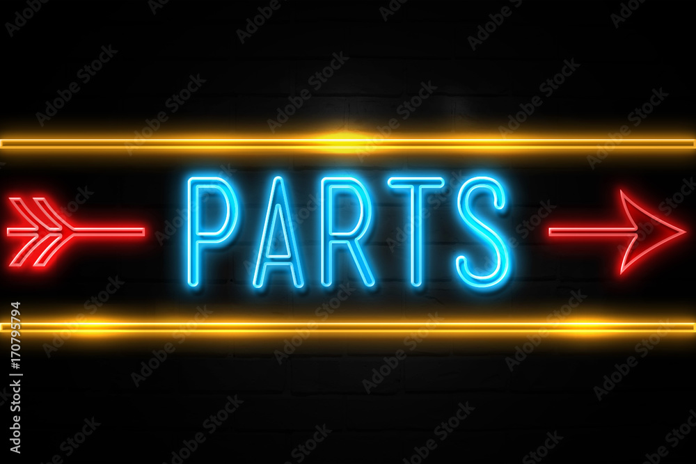 Parts  - fluorescent Neon Sign on brickwall Front view