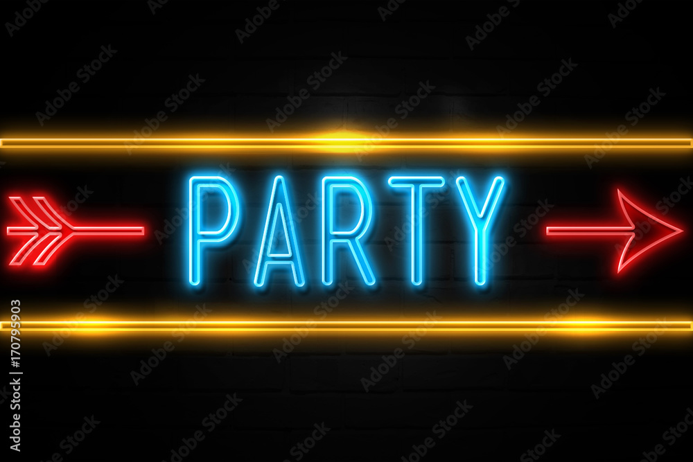 Party - fluorescent Neon Sign on brickwall Front view Party - fluorescent Neon Sign on brickwall Front view