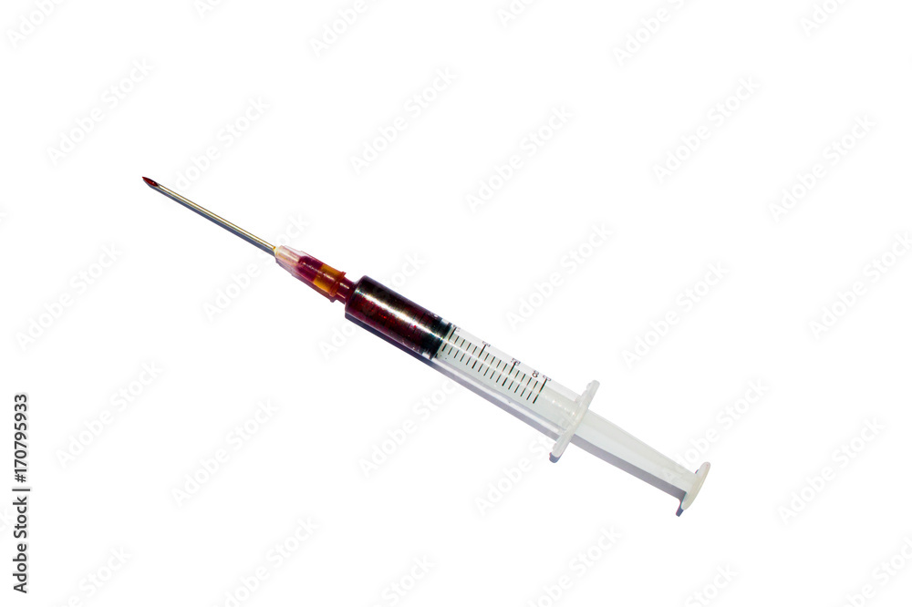 Fototapeta premium injection needle and Red liquid isolated on white background
