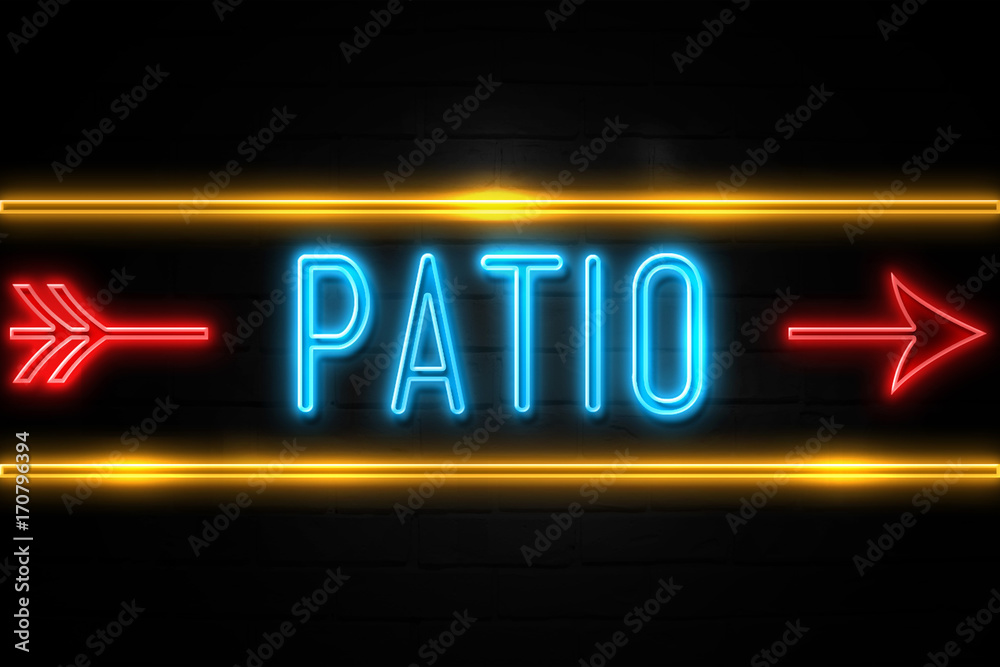Patio  - fluorescent Neon Sign on brickwall Front view