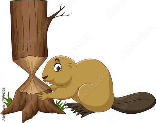 Cartoon beaver cutting tree