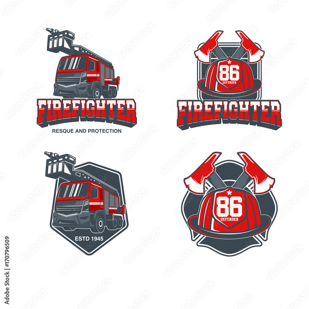 Vintage firefighting labels set with fireman truck and rescue equipment