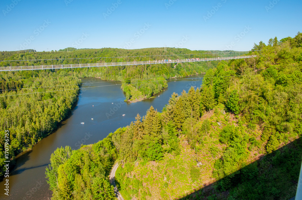 Bode river in Germany and a suspension bridge