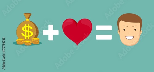 Money and loves make you happy. Heart and wad of cash. Emblem for lovers of dollars. Logo for rich