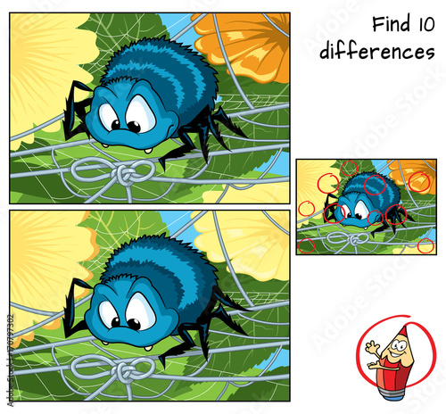 Funny spider trying to unravel its web. Find 10 differences. Educational game for children. Cartoon vector illustration