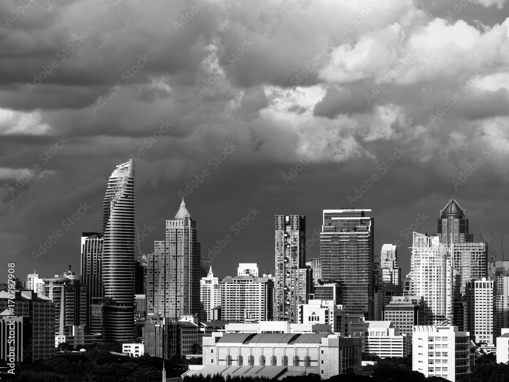 Modern building in business district at Bangkok city, Thailand. Black and White tone Modern building in business district at Bangkok city, Thailand. Black and White tone