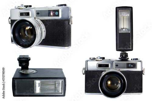 vintage camera with flash isolated white background