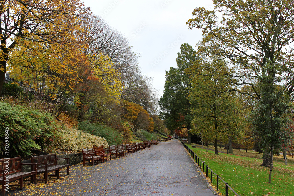 Idyllic view of pathway in Princes Street Garden with autumn leaves in Edinburgh Scotland.