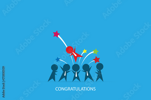 blue businessmen throw up red businessman in the air for success, congratulations and business concept