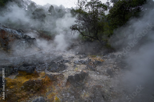 Indonesian Hot Springs inside crater of volcano, Kawah Rengganis Cibuni, Ciwidey, Bandung, West Java, Indonesia