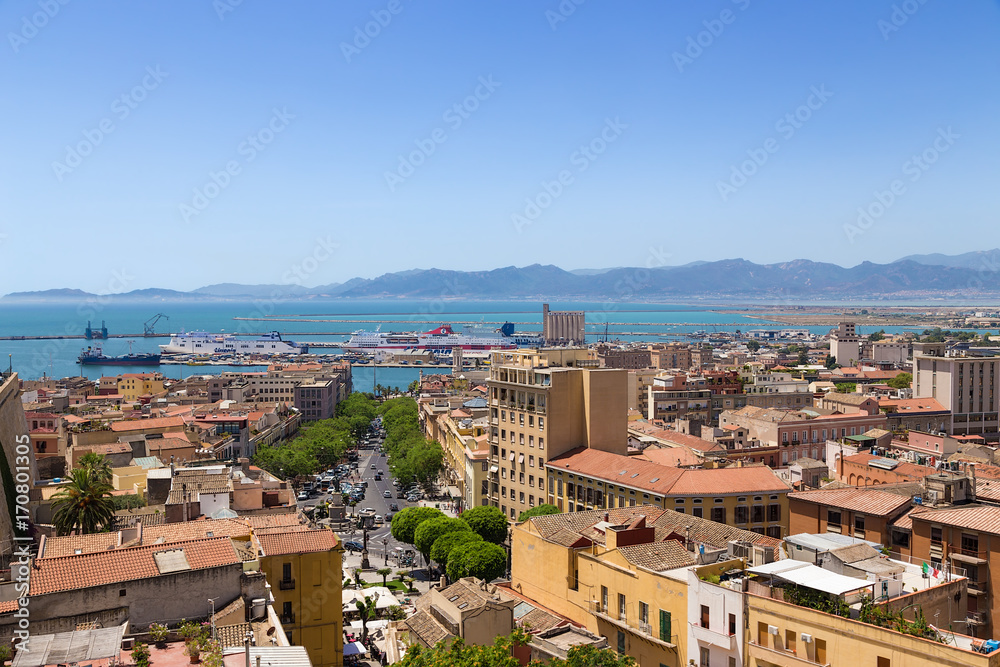 Cagliari, Sardinia, Italy. A picturesque view of the city and the port from the side of the fortress