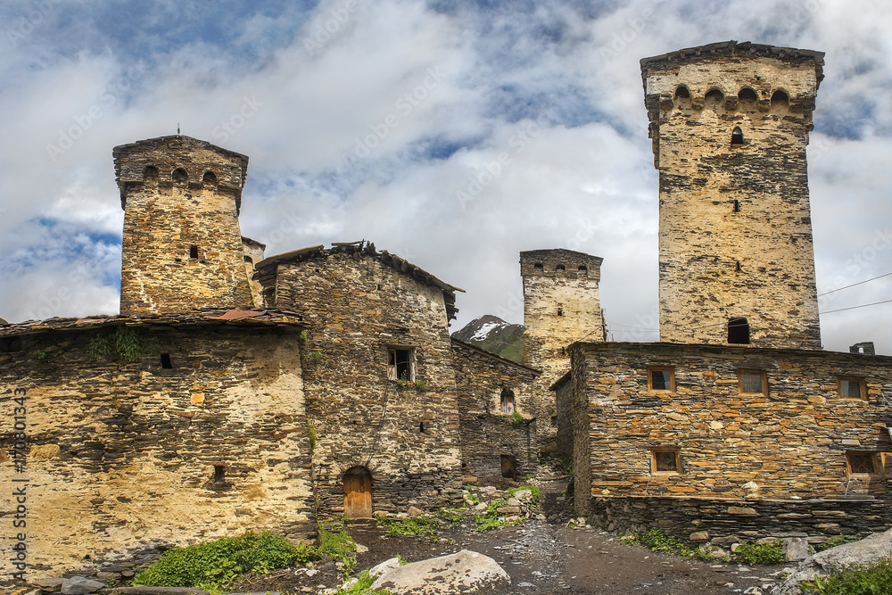 defensive towers and stone houses in village Ushguli, Upper Svaneti, Georgia