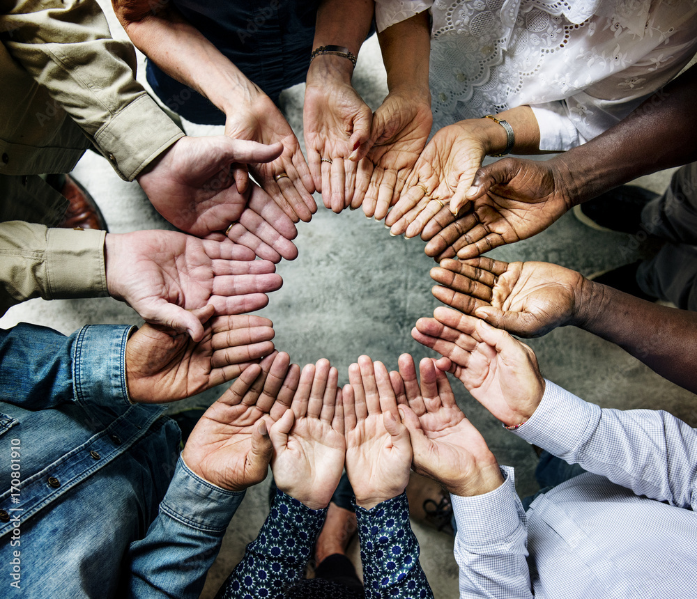 Group of diverse hands palms circle support together teamwork aerial view - obrazy, fototapety, plakaty 