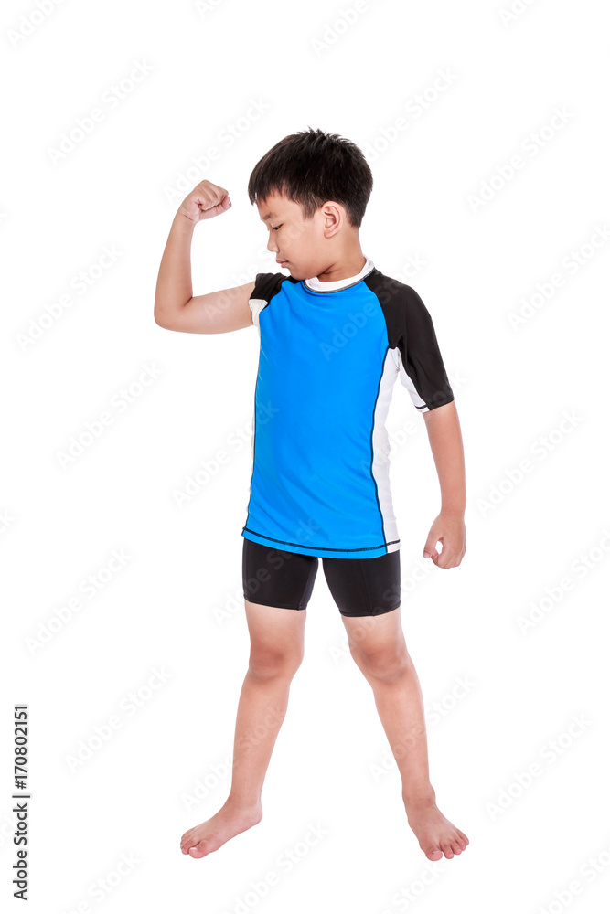 Asian strong boy is flexing his biceps muscle. Isolated on white background. Asian strong boy is flexing his biceps muscle. Isolated on white background.