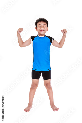 Asian strong boy is flexing his biceps muscle. Isolated on white background.