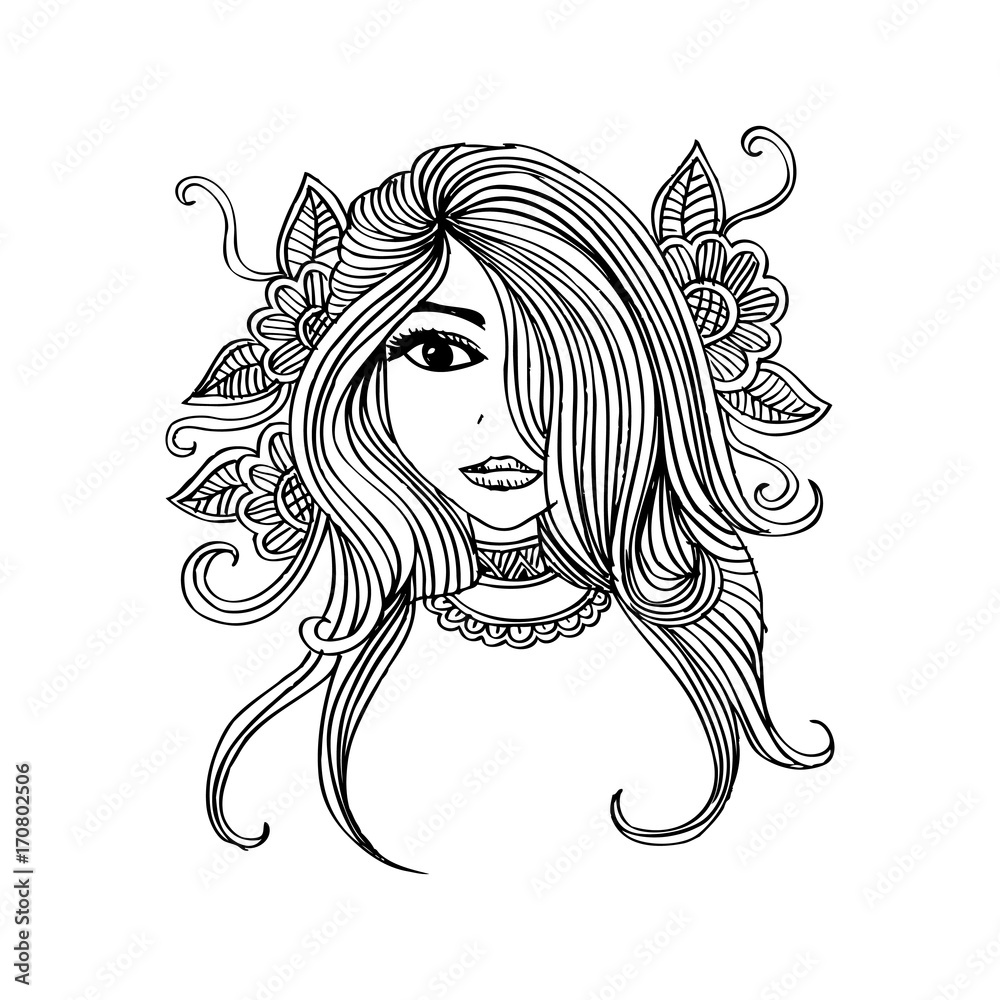 Hand drawing young woman with flowers Hand drawing young woman with flowers