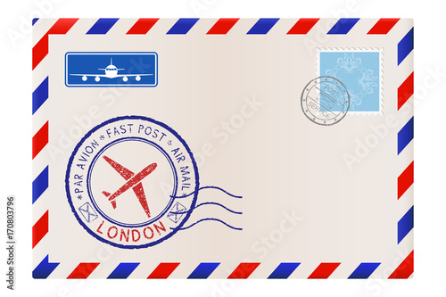 Envelope with London stamp. International mail postage with postmark and stamps