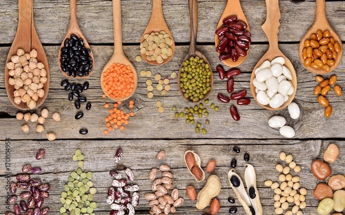 Assortment of legumes beans (Mung bean, Soya bean, Red kidney bean, Navy bean, Peanut) in wooden spoon on wooden background, top view. 