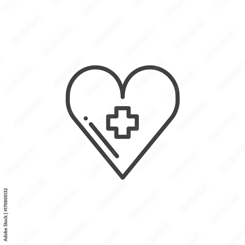 Heart with medical cross line icon, outline vector sign, linear style pictogram isolated on white. Medicine and Health symbol, logo illustration. Editable stroke Heart with medical cross line icon, outline vector sign, linear style pictogram isolated on white. Medicine and Health symbol, logo illustration. Editable stroke