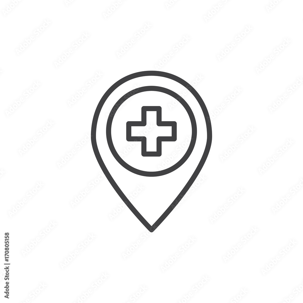 Medical map pin with cross line icon, outline vector sign, linear style pictogram isolated on white. Navigation symbol, logo illustration. Editable stroke Medical map pin with cross line icon, outline vector sign, linear style pictogram isolated on white. Navigation symbol, logo illustration. Editable stroke