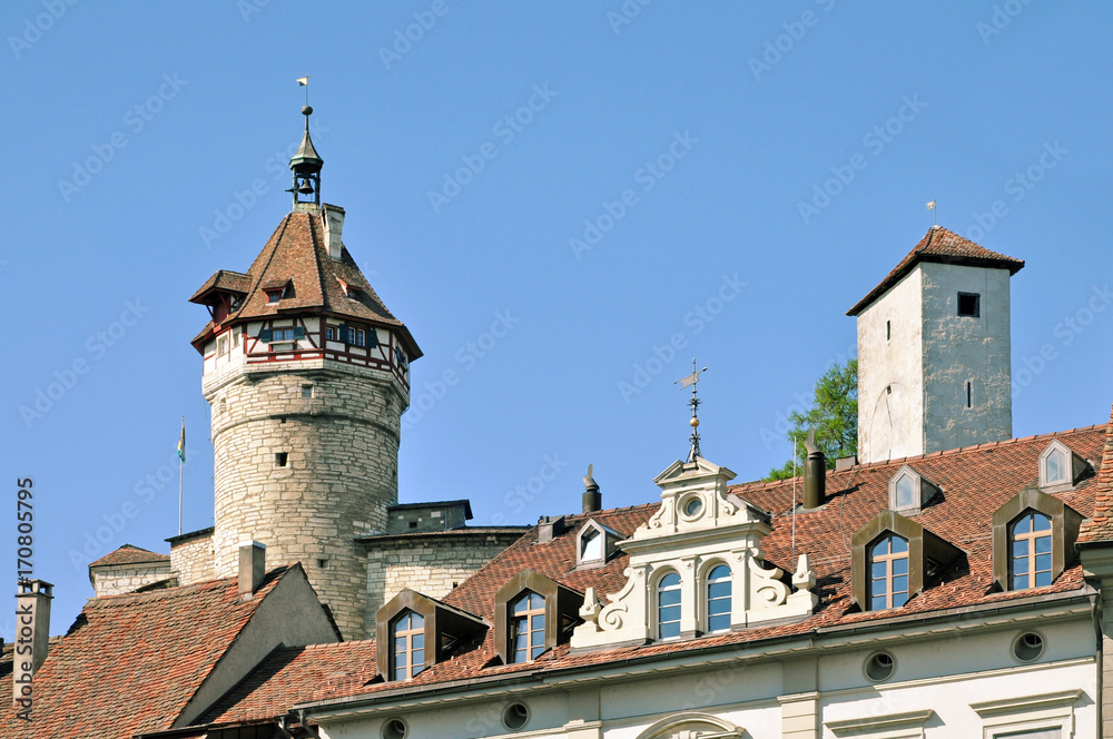Tower and facade of the Munot fortress in Schaffhausen on a sunny day, Switzerland.